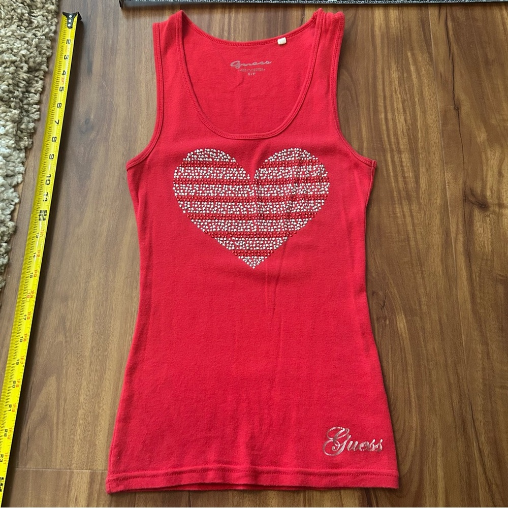 Guess Red shimmer Ribbed Racerback rhinestone Heart Love Tank Top